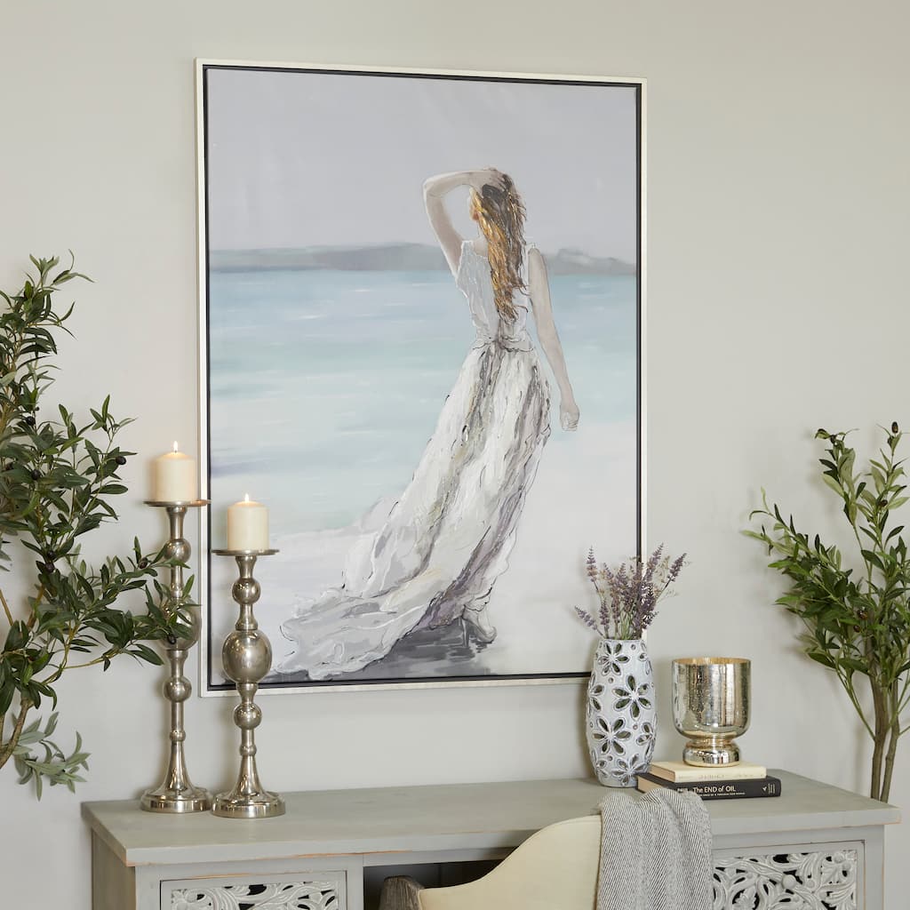 White Canvas Women Landscape Framed Wall Art with Silver Frame