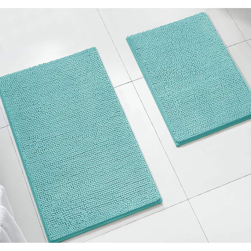 Large 2 Piece Set Spa Blue Soft Cozy Plush Chenille Bath Mat Bathroom Rug