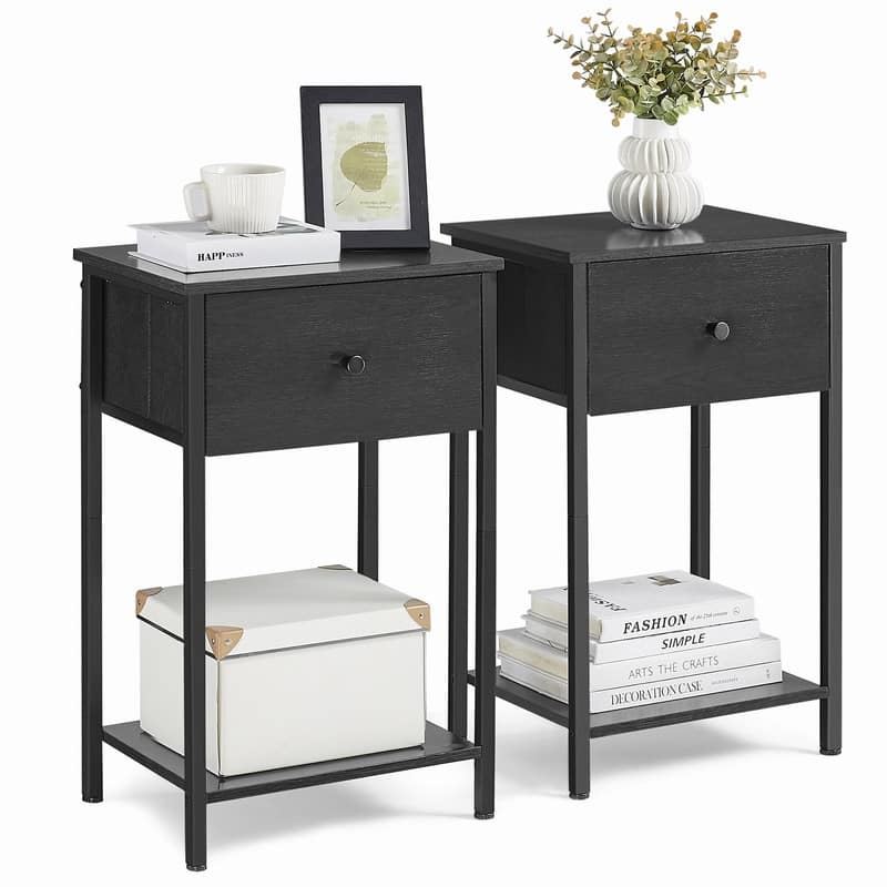 Nightstand, Side Table with Fabric Drawer - Black - Set of 2