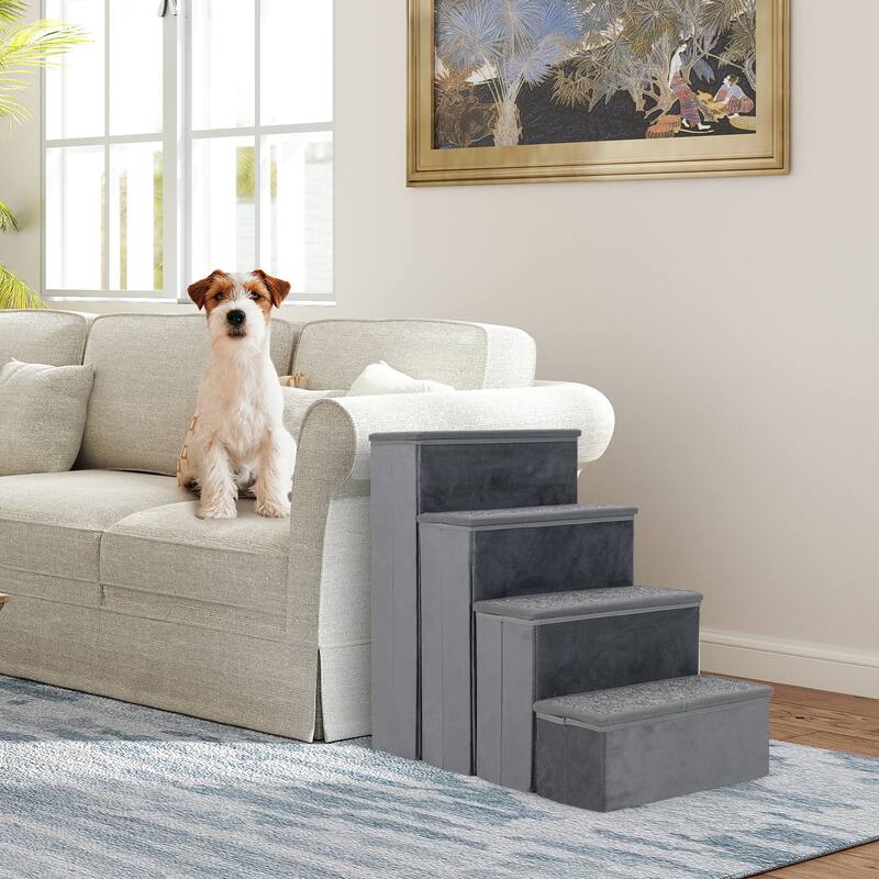 Gray Velvet MDF 4 Step Folding Dog Stairs with Storage and Non-Slip Carpet Steps - 25.5" L x 15" W x 23" H