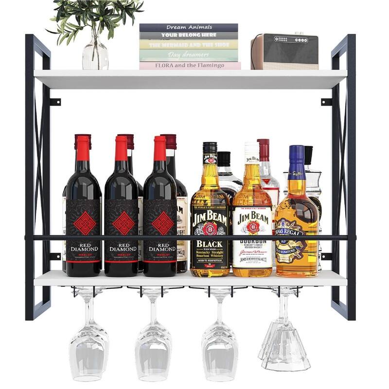 Wine Rack Wall Mounted 2 Tier Shelf - 23.6"D x 7.9"W x 20.4"H - White Oak