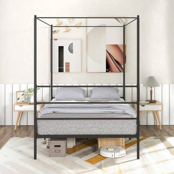 Full Size Metal Canopy Bed Frame, Modern Platform Bed Frame with 4