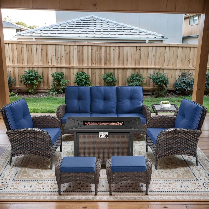 Gymojoy Outdoor Fire Pit Conversation Set, 3-Seat Sofa & Chairs Patio Furniture Set - 7-Piece included Club Chairs & Ottomans - Blue