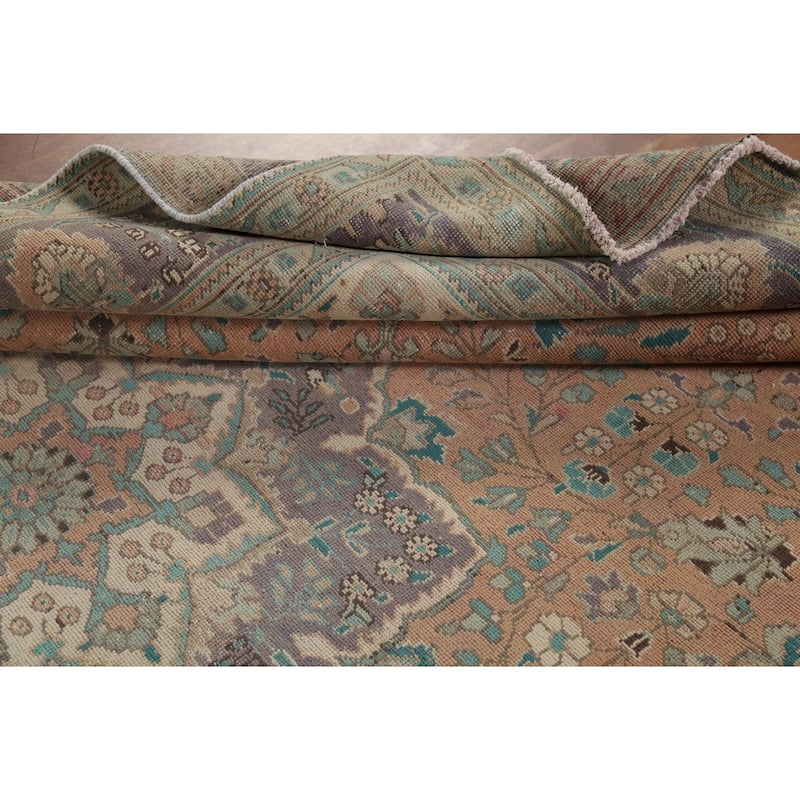 Distressed Tabriz Persian Vintage Rug Hand-Knotted Peach Wool Carpet - 7'10"x 10'8"