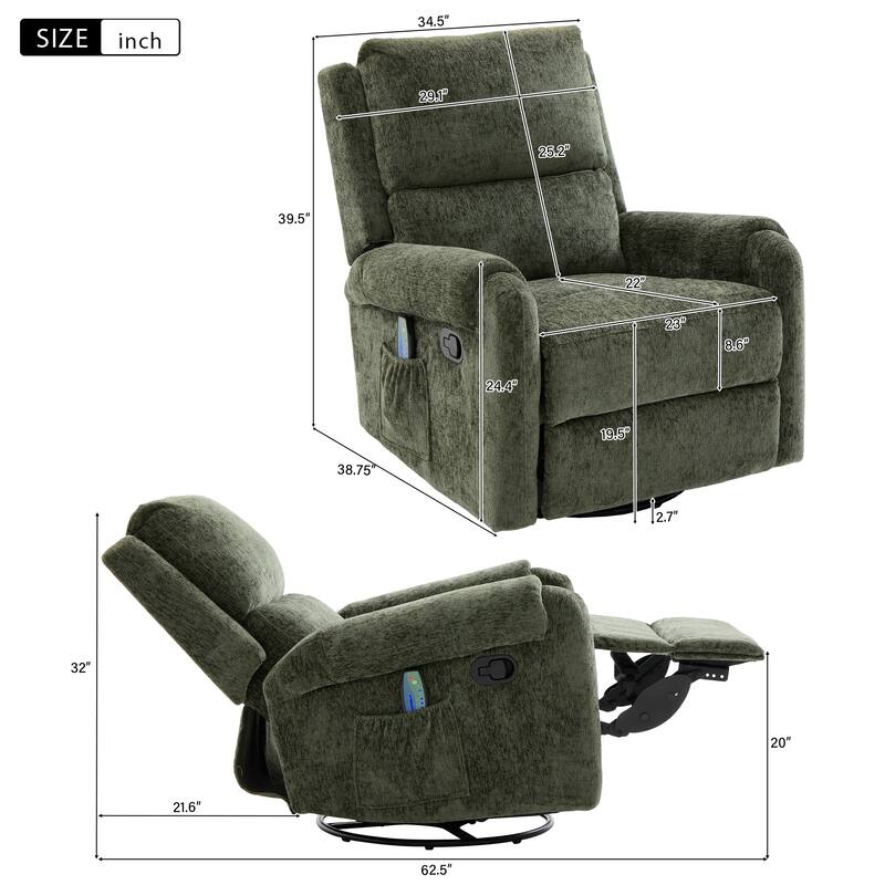 Christopher Knight Home - Solara Upholstered Swivel Rocker Recliner Chair with Massage and Side Storage Pocket