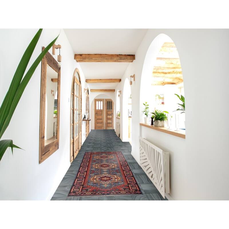 Geometric Heriz Serapi Runner Rug Hand-Knotted Wool Carpet - 2'7" x 7'10"