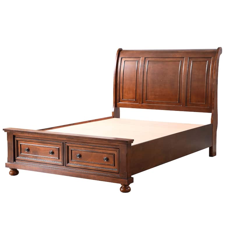 Wooden Sleigh Queen Panel Bed with Two Storage Drawers - 97" - Brown