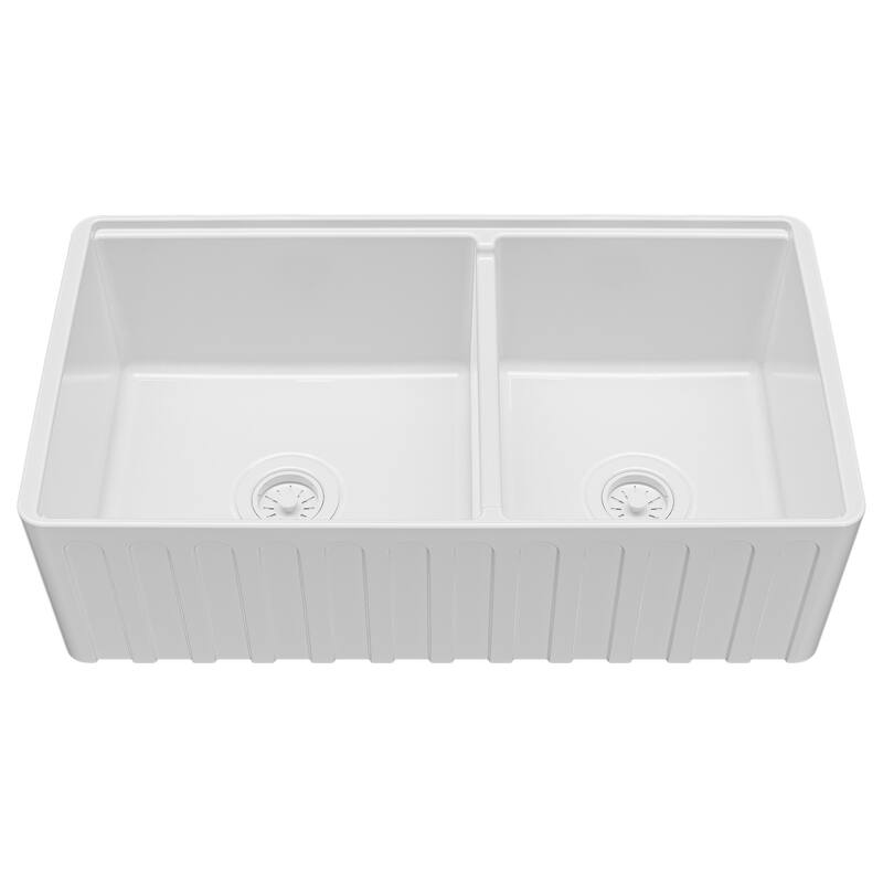 Karran 33" Double Bowl Workstation Fireclay Kitchen Sink with Reversible Fluted Apron Front