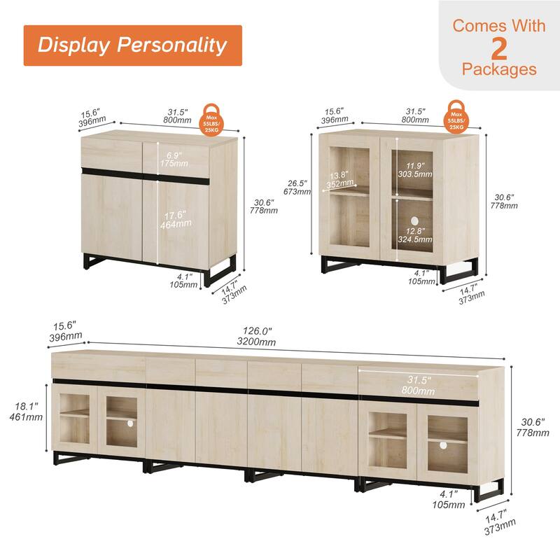 Modern 4 in 1 Dresser with Glass Doors & 2 Drawers, Adjustable Shelf & Metal Base for Bedroom