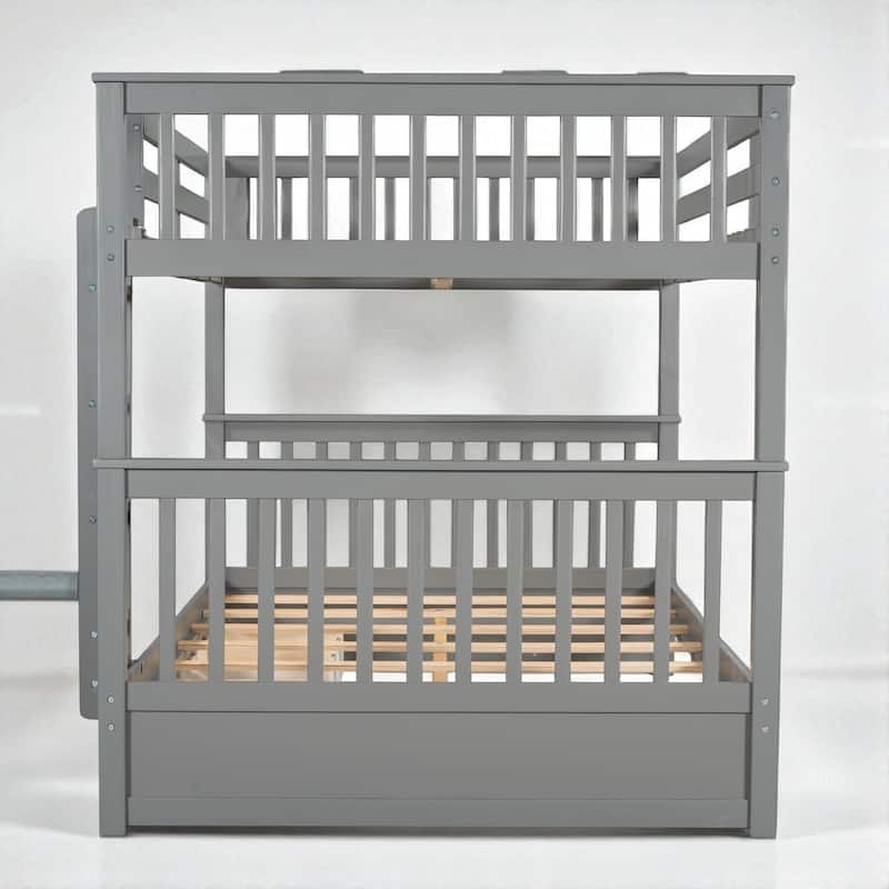 Full Over Full Bunk Bed with Ladder and 2 Storage Drawers, Convertible Wood Frame for Kids or Teens