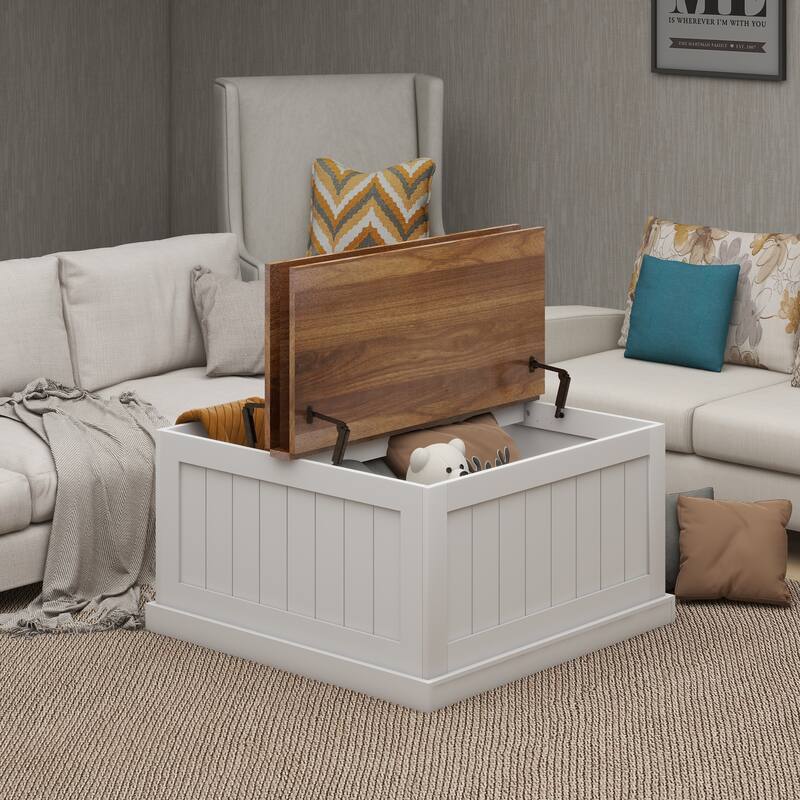 Anmytek Farmhouse Coastal Lift Top Coffee Table Rustic Wood White Storage Organizer