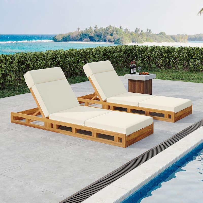 Christopher Knight Home- Leander Patio Acacia Wood Chaise Lounge Set - Teak+Beige+2 Piece
