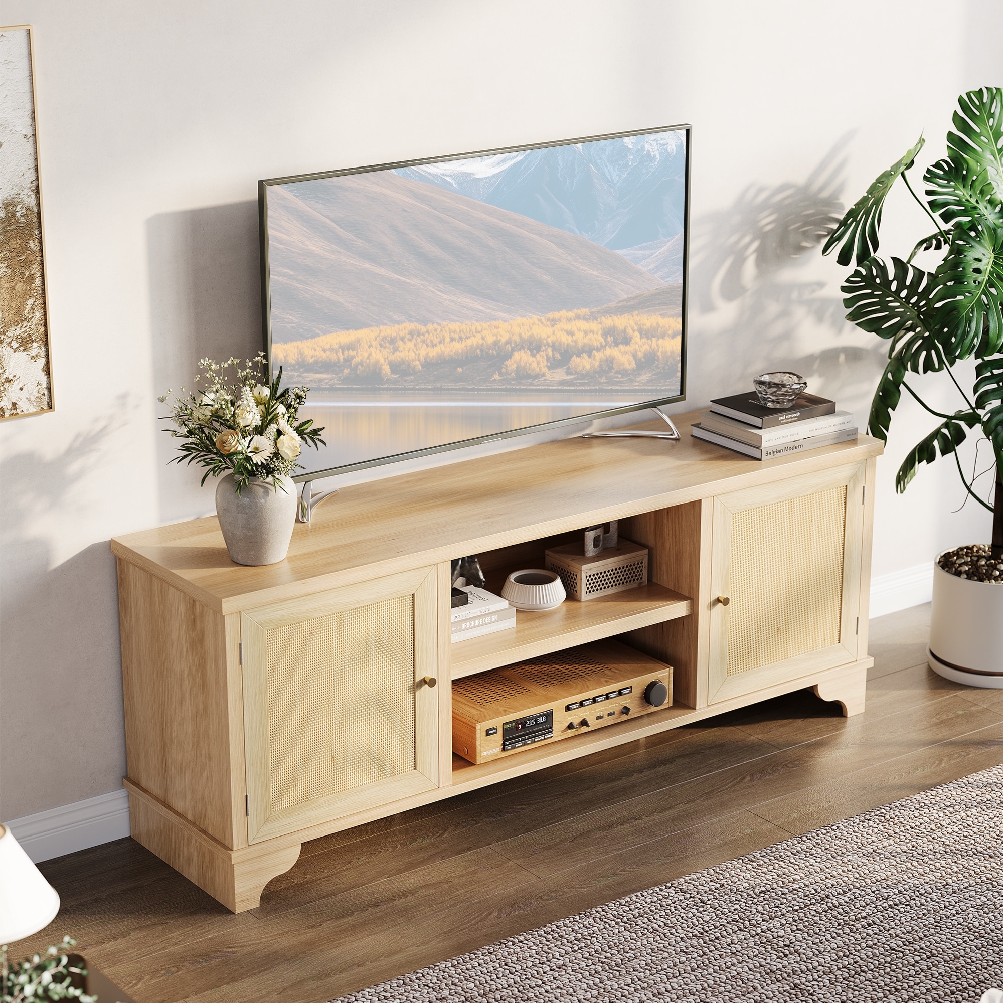 Bohemian TV Stand for 70" TVs, Media Console with 2 Door Cabinets and Open Shelves, Rattan Entertainment Center