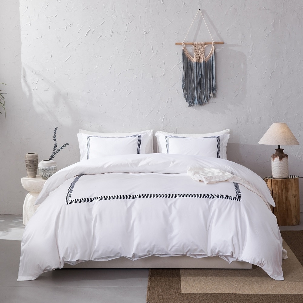 Cotton Sateen 500TC Hotel Stitch Duvet Cover Set, Herringbone Pattern