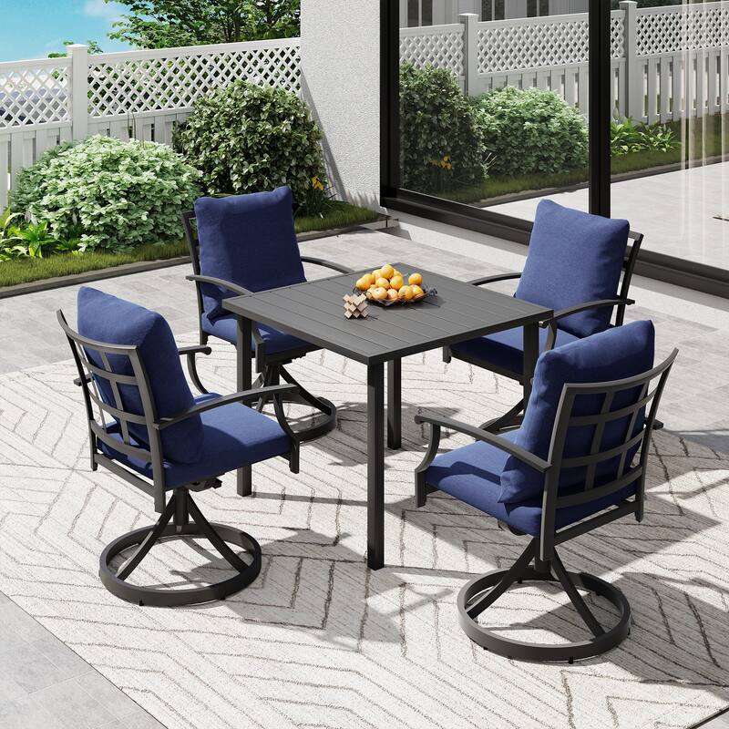IvyGlow 5-Piece Black Metal Patio Dining Set with Square Table, 4 Swivel Dining Chairs and Gray Cushions