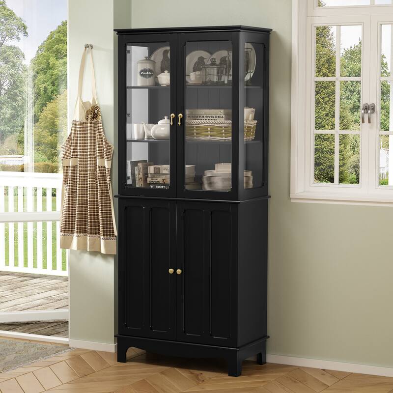 72" Freestanding Kitchen Pantry with Glass Doors