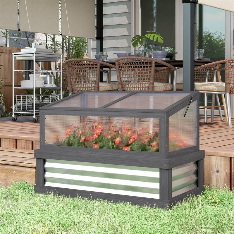 Raised Garden Bed with Cold Frame Greenhouse Fir Wood and Galvanized Steel for All Season Plant Protection