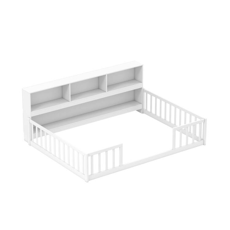 Full Size Montessori Floor Bed with Safety Rails & Built-in Bookshelf