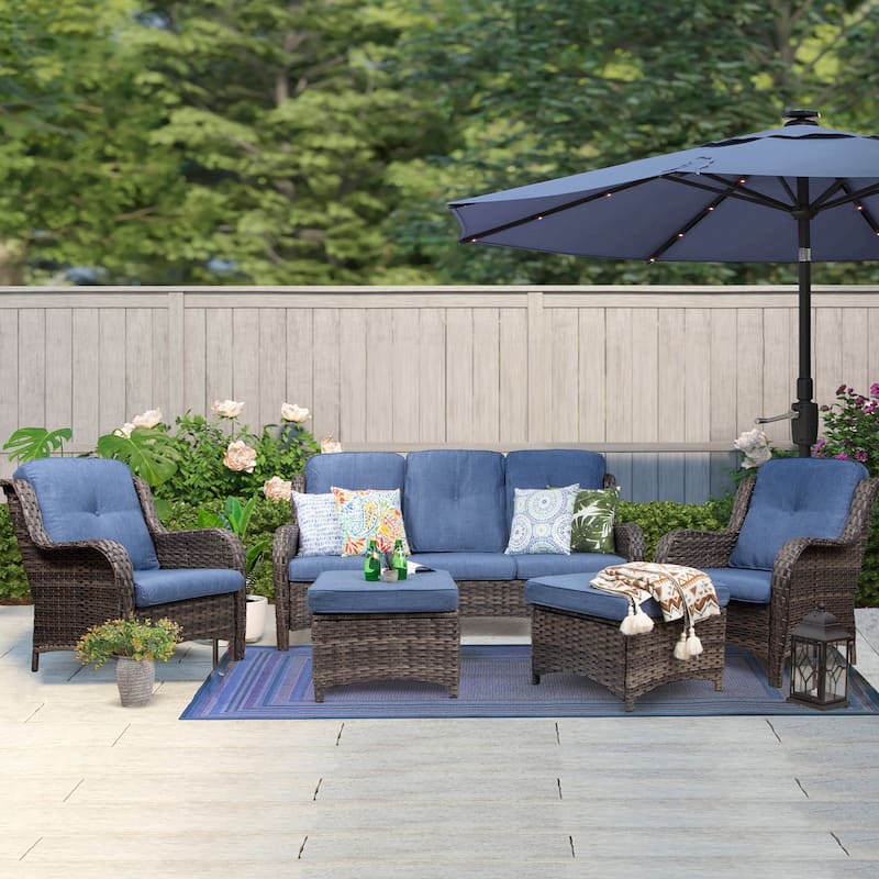 Cozywor 5-Piece Wicker Outdoor Patio Conversation Set - Blue
