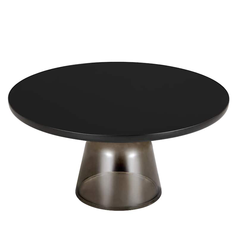 30-Inch Round Coffee Table Glass/Stone Tabletop with Black Iron Rim Frame Glass Pedestal Base