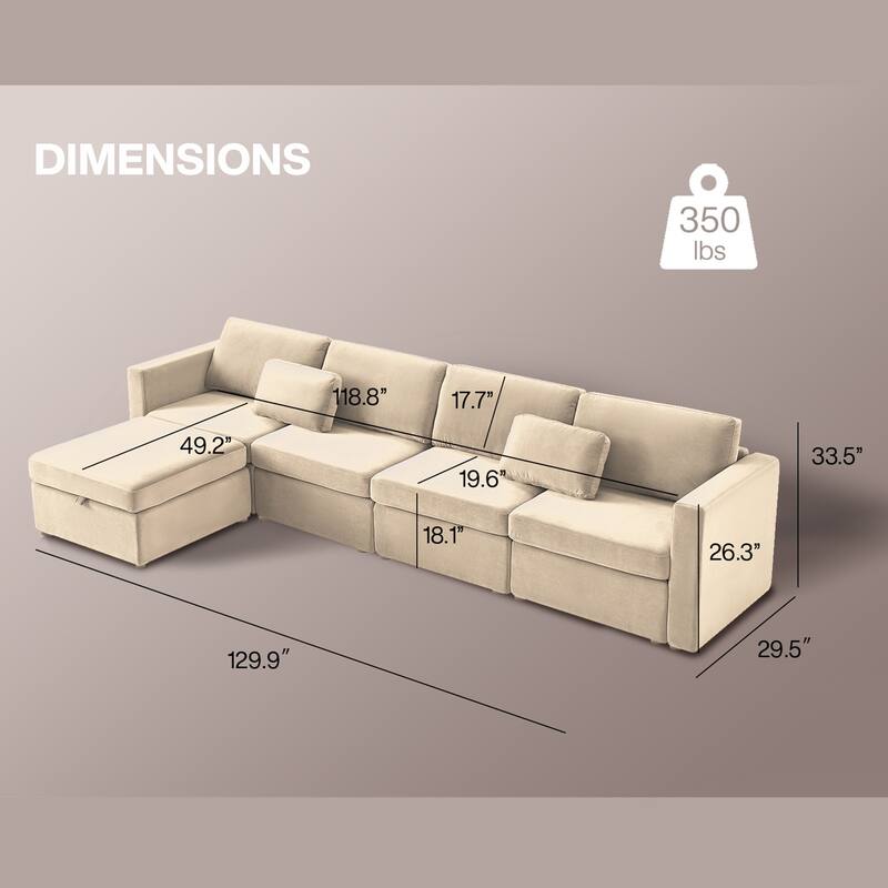 Modern Cotton Linen L-Shape Sectional Sofa, Oversized Upholstery Sectional Sofa, Chaise Couch with Storage Ottomans for Living R