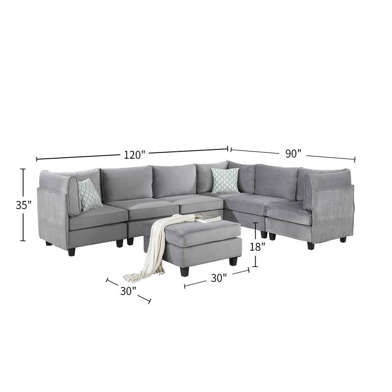 7 Piece L Shape Velvet Modular Sectional Sofa with Ottoman, Gray