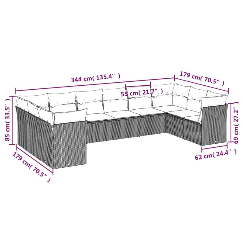 vidaXL Garden Sofa Set Grey PE rattan, steel, polyester 10 Piece Set - 24.4 x 24.4 x 27.2