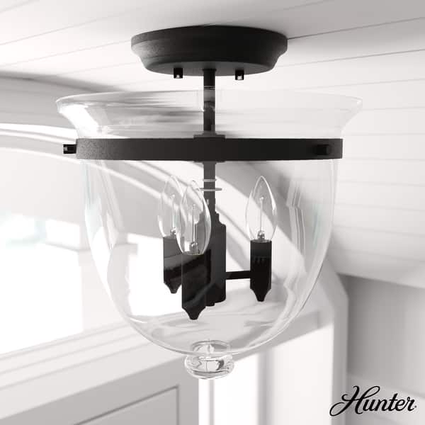 slide 2 of 12, Hunter Belltown 3-Light Flush Mount Ceiling Light - Entry, Bedroom, Bath, Hallway - Transitional, Modern Farmhouse Natural Iron