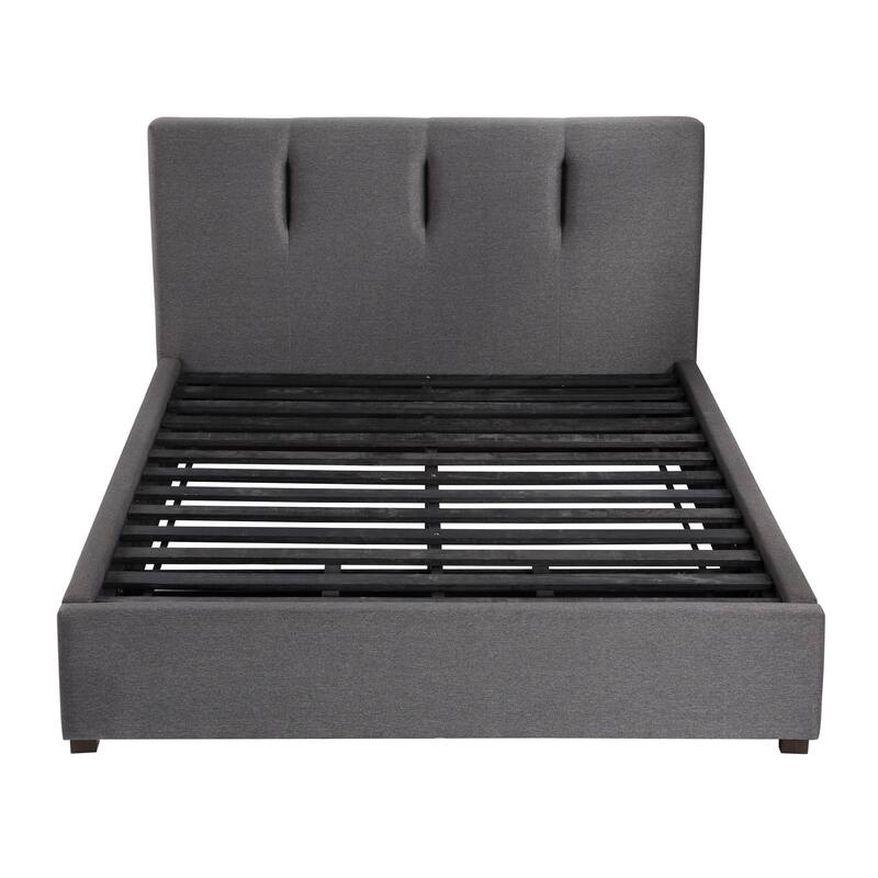 Orra Queen Platform Bed, Tufted Dark Gray Polyester Upholstery, Solid Wood