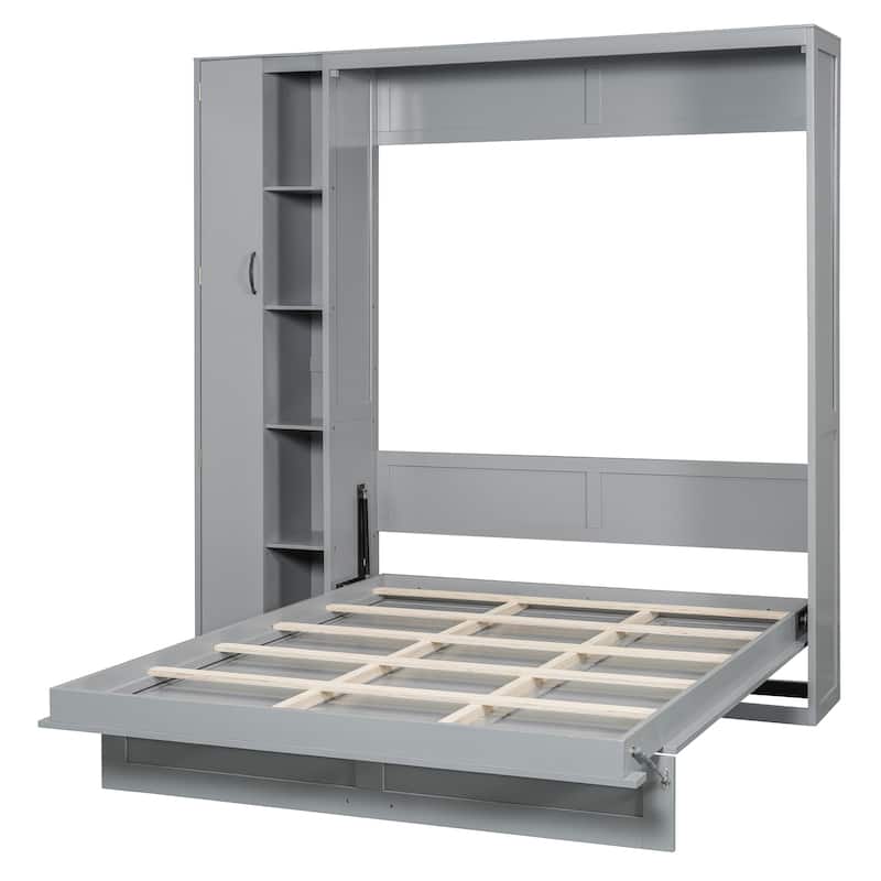 Queen Size Murphy Bed Wall Bed with Shelves,Wardrobe and LED Lights
