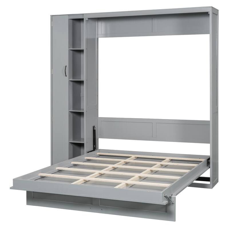 Space-Saving Queen Murphy Bed with Shelves, Wardrobe and LED Lights in Gray
