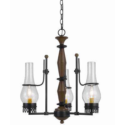 3 Bulb Wooden and Metal Chandelier with Urn Glass Shades, Brown and Black