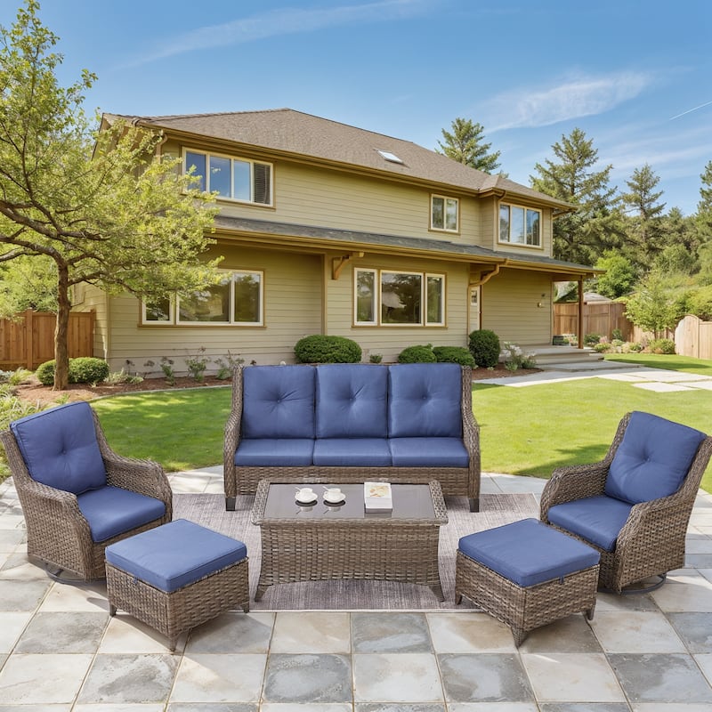 Outdoor Wicker Swivel Rocking Chairs with Coffee Table, Ottomans - Grey - Blue - Grey