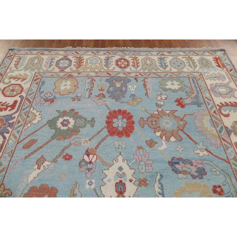 Light Blue Oushak Area Rug Hand-Knotted Oriental Wool Carpet - 7'11"x 9'11"
