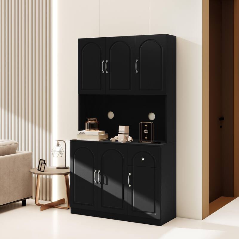 71" Kitchen Pantry Storage Cabinet with Microwave Oven Countertop,Freestanding Hutch Cabinet with Adjustable Shelves