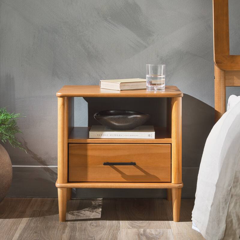Classic Wooden Nightstand, Sofa Side Table with 1 Drawer, Decorative Table with Open Partition and Solid Wood Legs