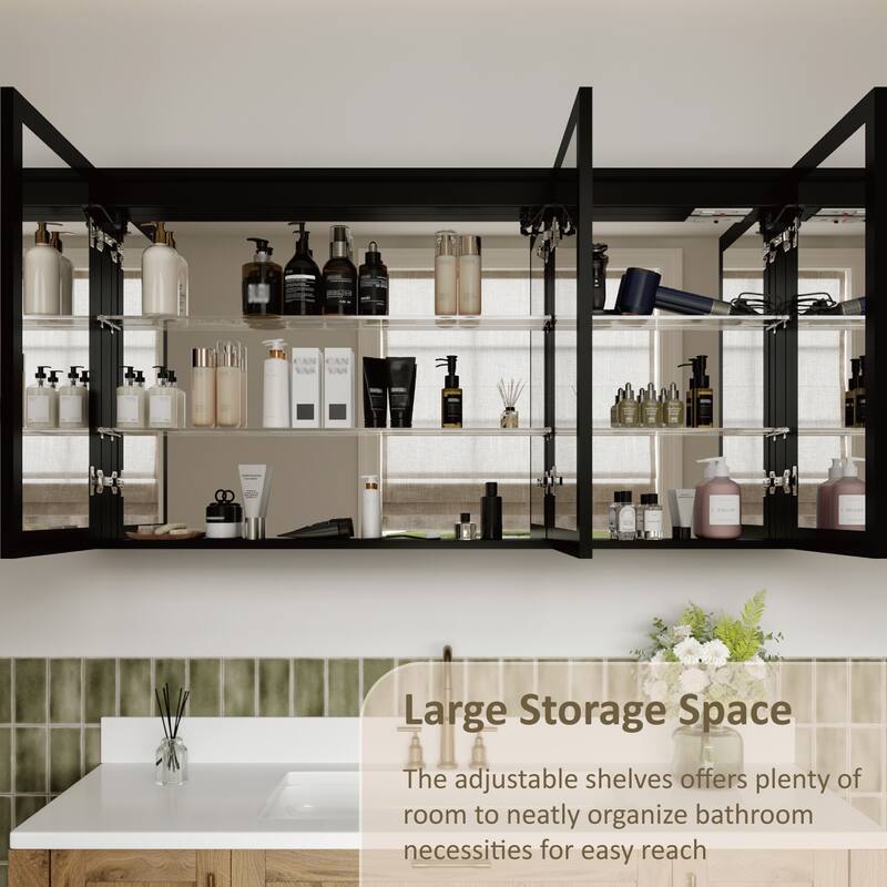 Grand Aluminum Medicine Cabinet with Mirror, Adjustable Shelves, Dimmable Light, Anti-Fog, Recessed or Wall Mount