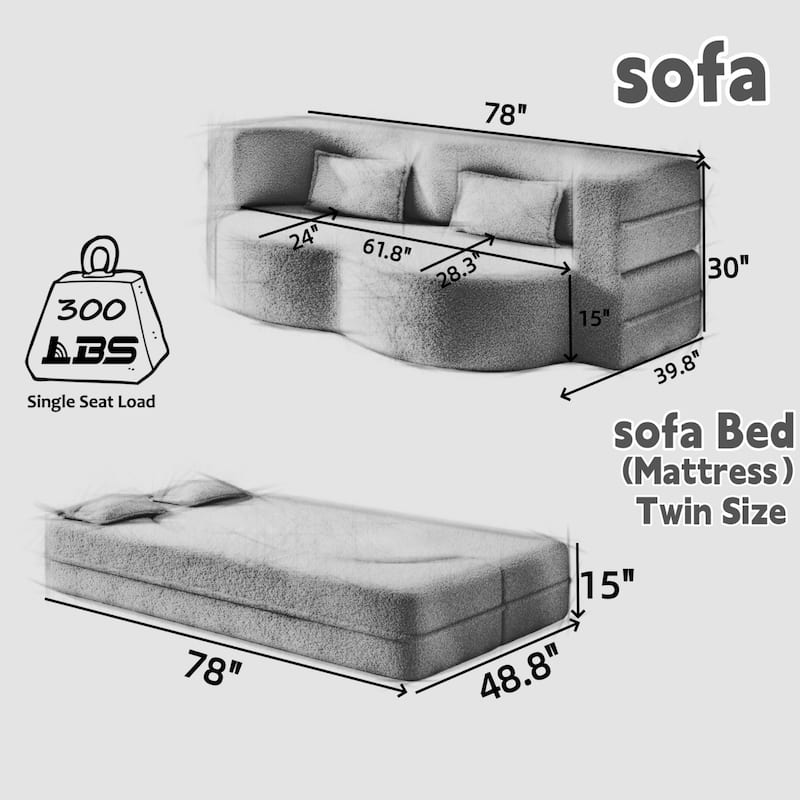 78" Convertible Teddy Fabric Sofa with 2 Pillows, No Assembly Required