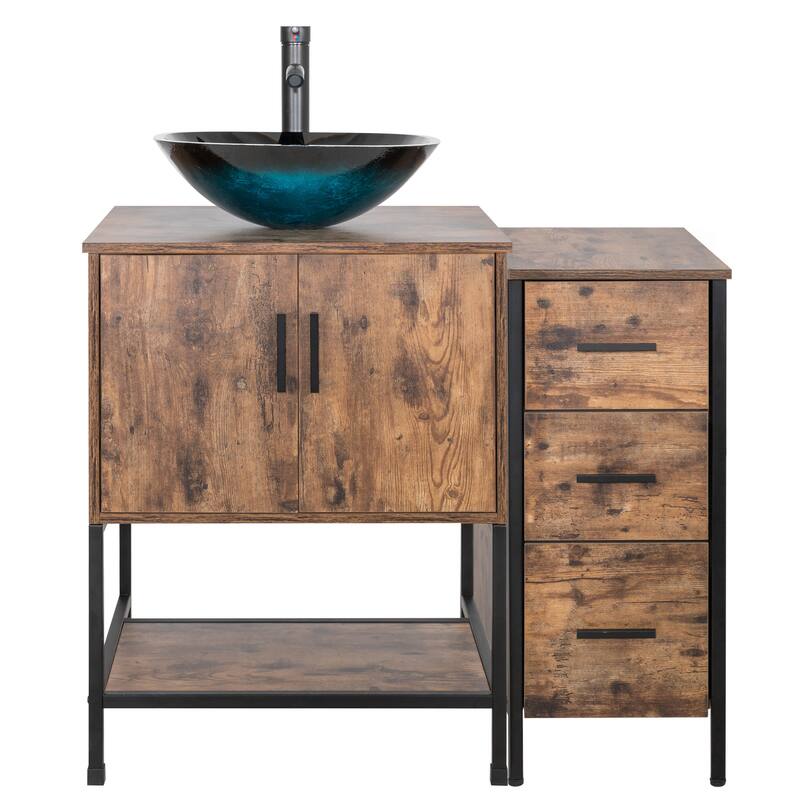 36" Bathroom Vanity Set Organizer Top Vessel Sink W/ Faucet Drain Cabinet Combo