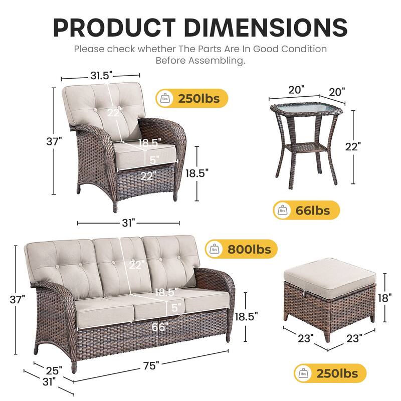 Gymojoy 6-Piece Outdoor Wicker Patio Furniture Set, 5" Thick Cushioned Rattan Conversation Set