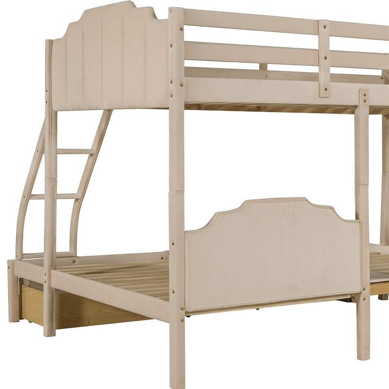HomeRoots Beige Full Over Two Twins Solid Wood Bunk Bed With Drawers And Storage