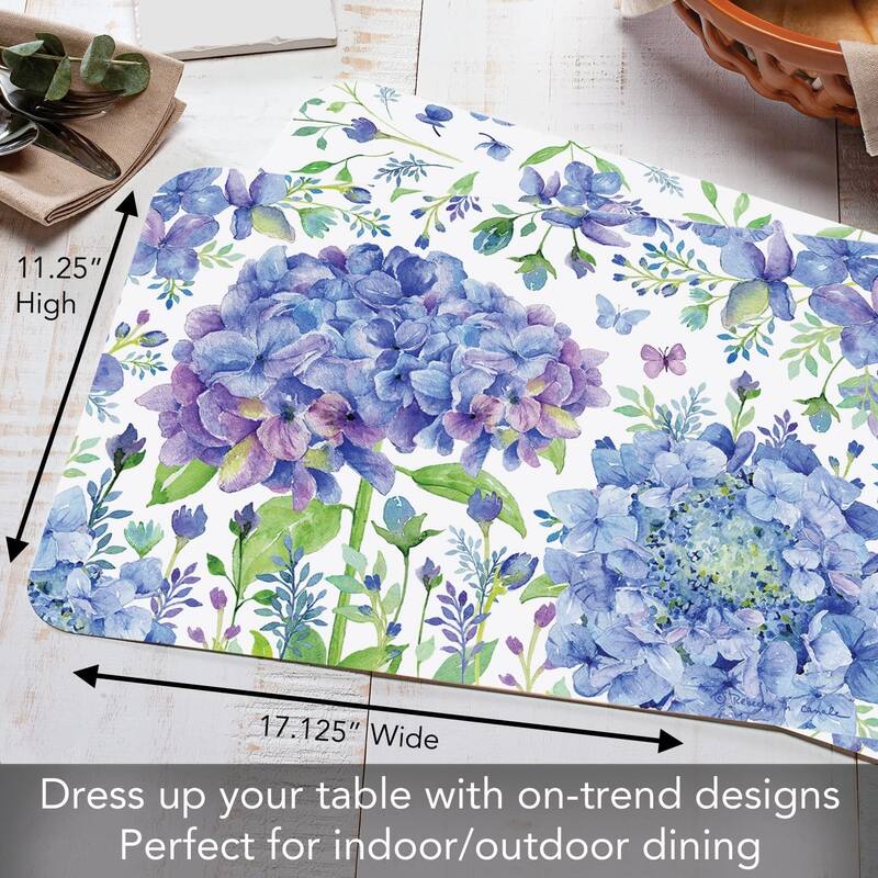 CounterArt Beautiful Hydrangea, Reversible Easy Care Flexible Plastic Placemat 4 Pack Made in The USA