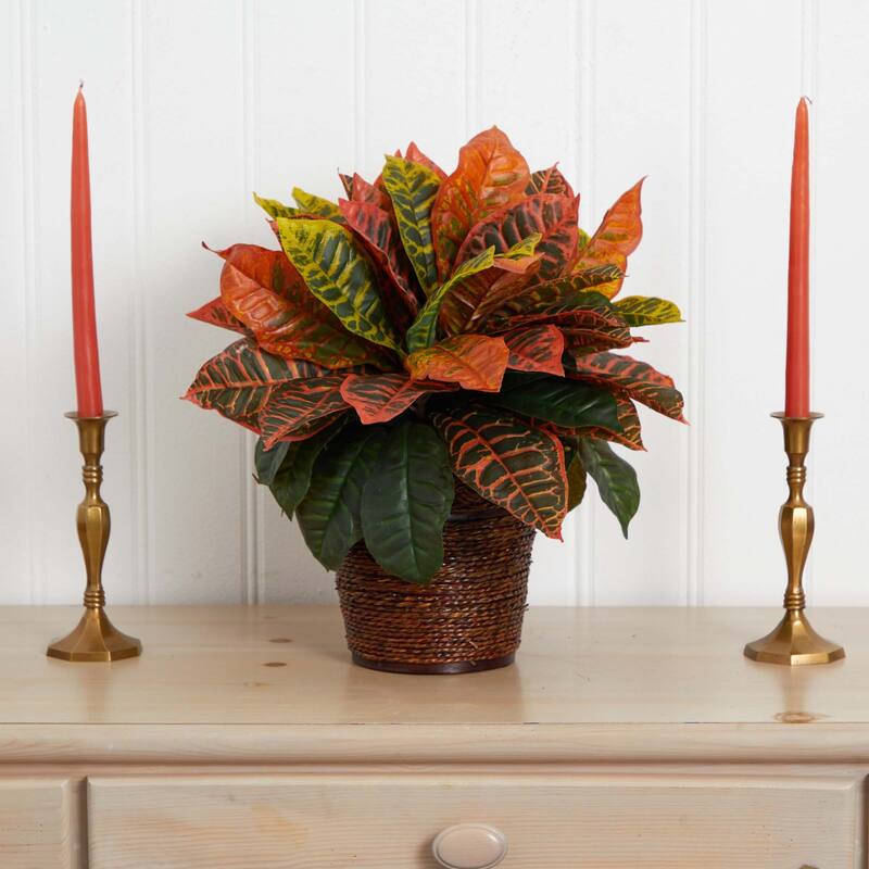 17" Garden Croton Artificial Plant in Basket Planter