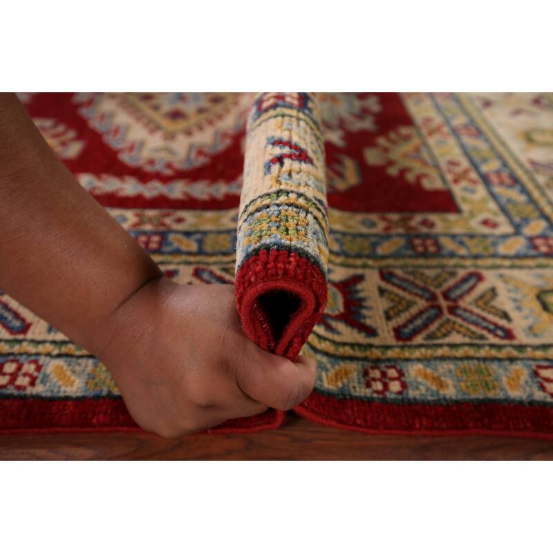 Red Geometric Kazak Foyer Rug Handmade Wool Carpet - 3'3" x 5'0"
