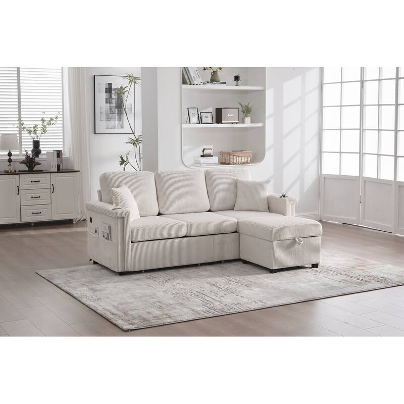 L-Shaped Sectional Sofa with Pull-Out Storage,Ottoman & Pillows 3-Seat with USB Charging,Cup Holder, Convertible Design