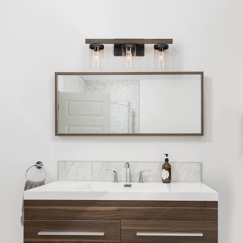 Fora Modern Farmhouse Glass 3-Light Bathroom Vanity Light Wood Grain Wall Sconce - Grey - L21.7'' * W5.5'' * H8.5''