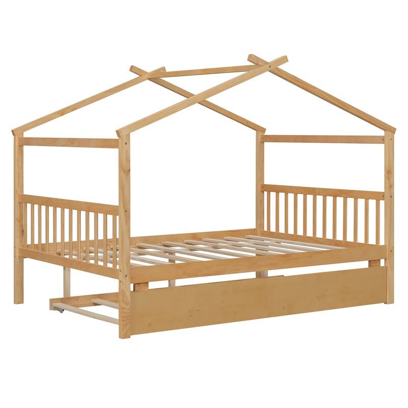 Kids Full Size House Bed with Pull-Out Trundle and Headboards Durable Pine Construction