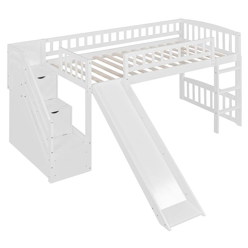 Stairway Twin Size Loft Bed with Two Drawers and Slide, White