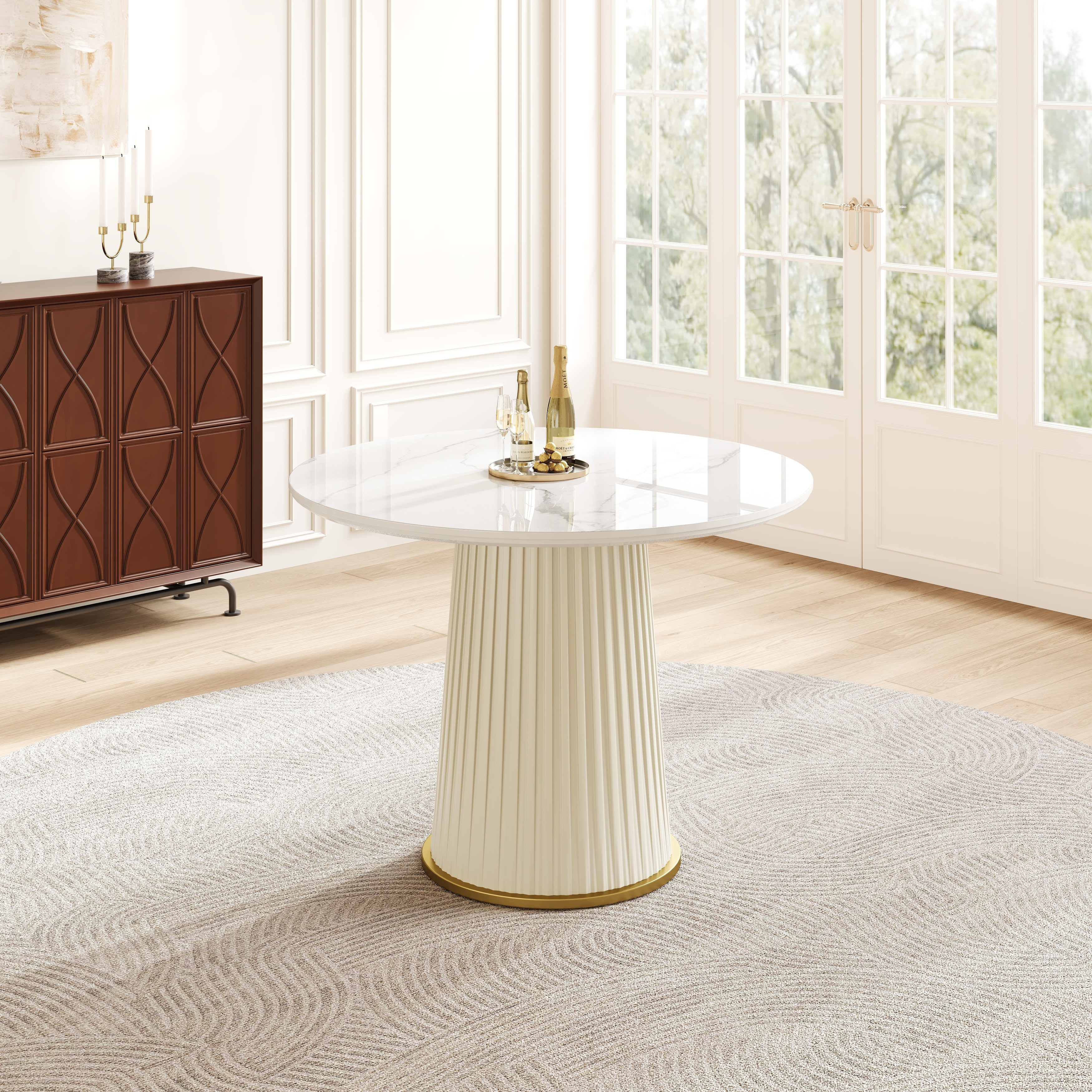 Modern 35.43 Inch Round Dining Table, Glossy Sintered Stone Top With Pleated Pu Leather Iron Pedestal, Adjustable Feet