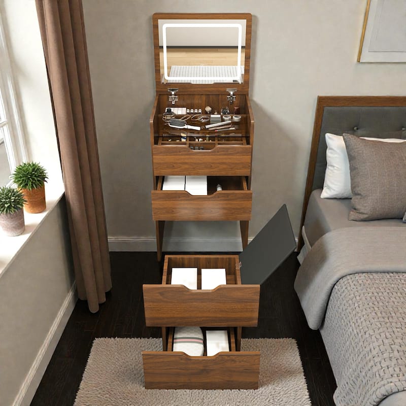 3-in-1 Vanity Desk with Lighted Mirror and Stool, Flip Top Makeup Dressing Table with Storage